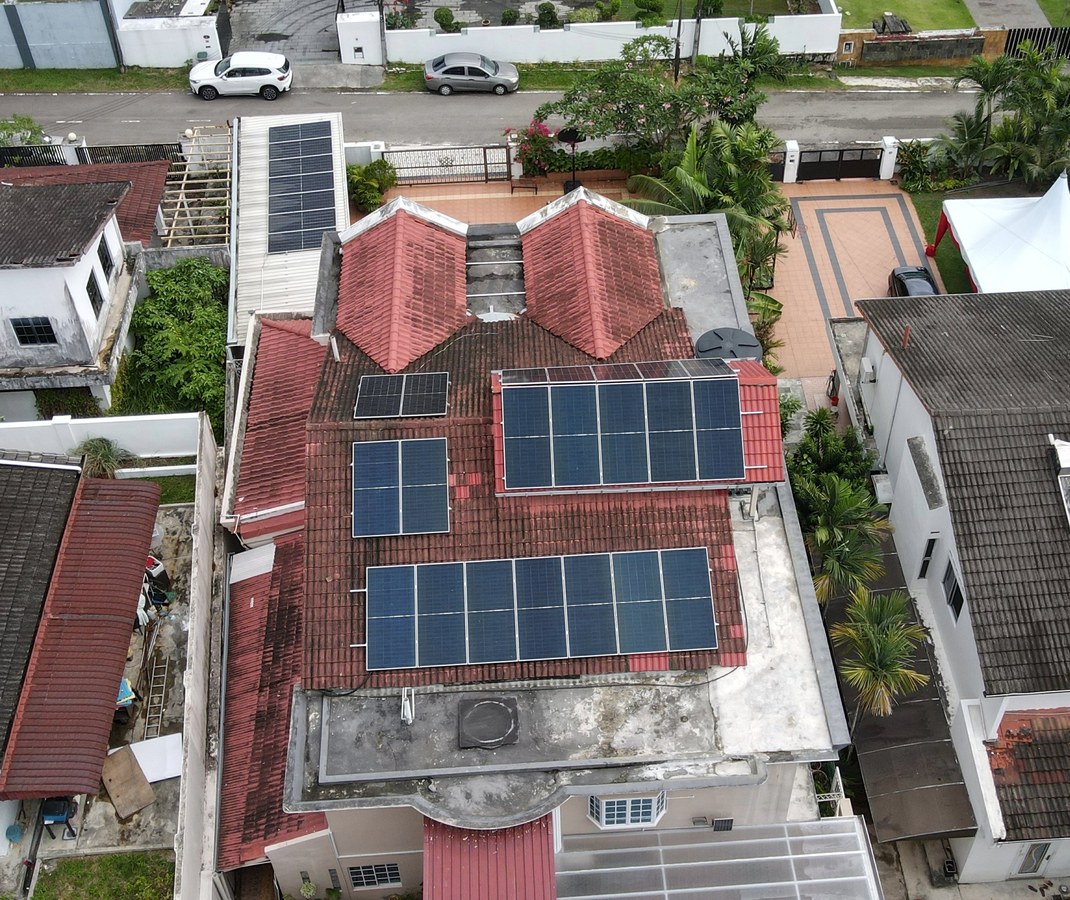 Bungalow rooftop solar installation Malaysia aerial view 17.5kWp